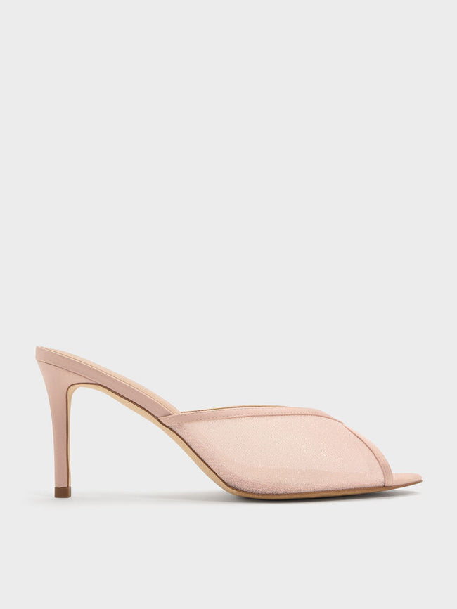 CHARLES & KEITH Women Glittered Mesh Peep-Toe Heeled Mules -Pink