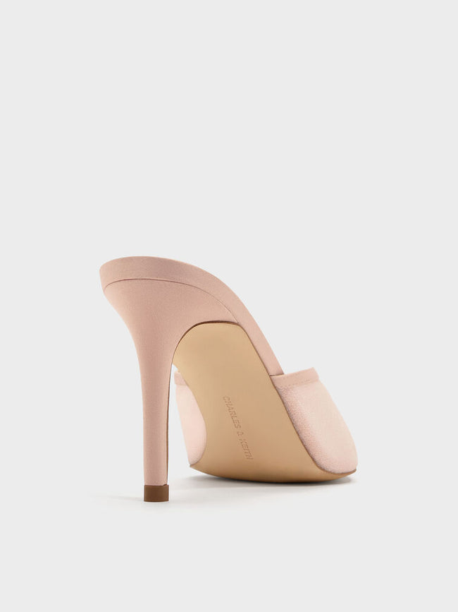 CHARLES & KEITH Women Glittered Mesh Peep-Toe Heeled Mules -Pink