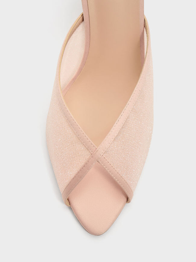 CHARLES & KEITH Women Glittered Mesh Peep-Toe Heeled Mules -Pink