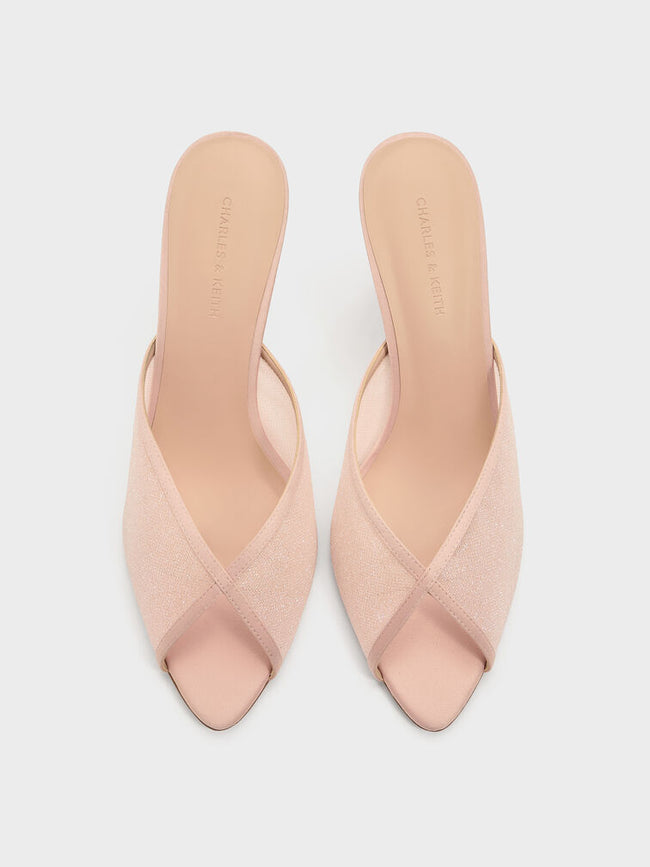 CHARLES & KEITH Women Glittered Mesh Peep-Toe Heeled Mules -Pink