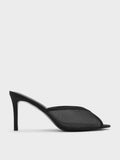 CHARLES & KEITH Women Glittered Mesh Peep-Toe Heeled Mules -Black Textured