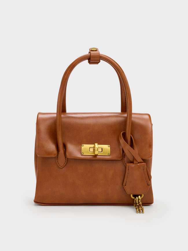 CHARLES & KEITH Women Mini Kerry Turn-Lock Tote Bag_Distressed Tan