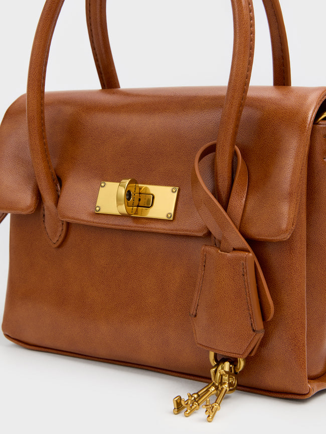 CHARLES & KEITH Women Mini Kerry Turn-Lock Tote Bag_Distressed Tan