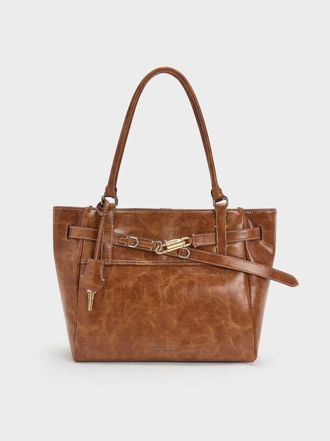 CHARLES & KEITH Women Delfina Belted Tote Bag - Distressed Tan