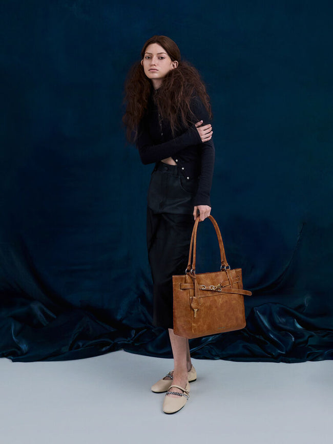 CHARLES & KEITH Women Delfina Belted Tote Bag - Distressed Tan
