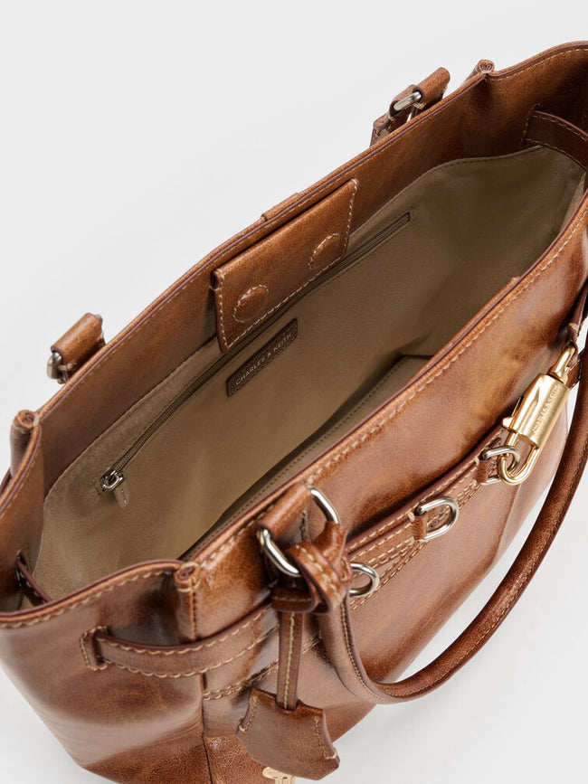 CHARLES & KEITH Women Delfina Belted Tote Bag - Distressed Tan