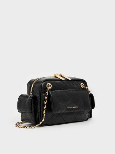CHARLES & KEITH Women Duo Quilted Crossbody Bag_Black