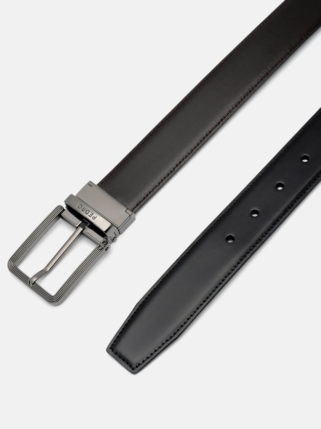 PEDRO Leather Reversible Pin Belt- Black Textured