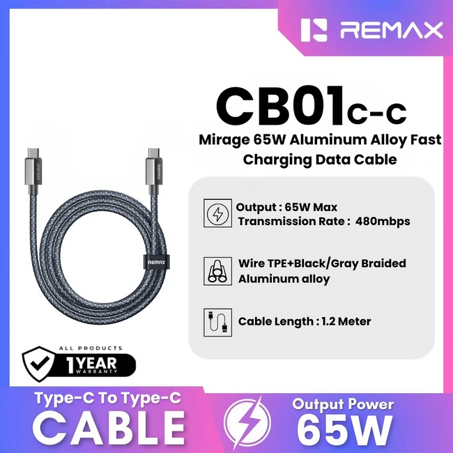 REMAX - CB01 C-C Mirage 65W Type-C To Type-C Fast Charging Data Cable