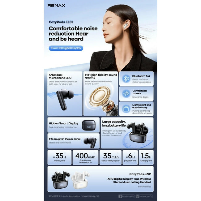 REMAX - COZYPODS JZ01 ANC Digital Display Bluetooth Wireless Earbuds