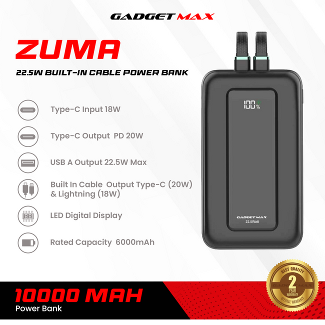 GADGET MAX - ZUMA 10000mAh PD+QC Built-In Cable Fast Charging Power Bank (20W+22.5W)