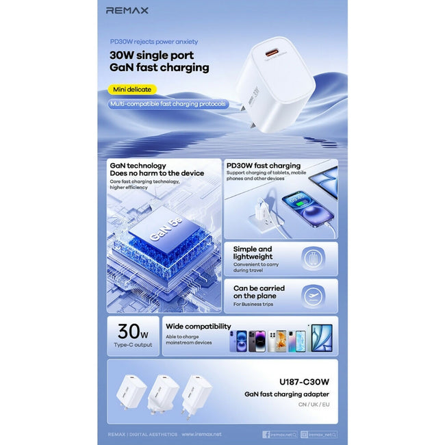 REMAX - U187 AC PD Gan Fast Charger (30W) (USB/PD)