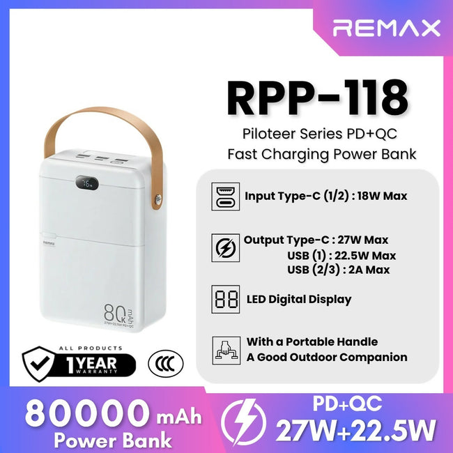 REMAX RPP-118 Piloteer Series 80000mAh PD+QC Fast Charging Power bank (PD 27W+QC 22.5W)