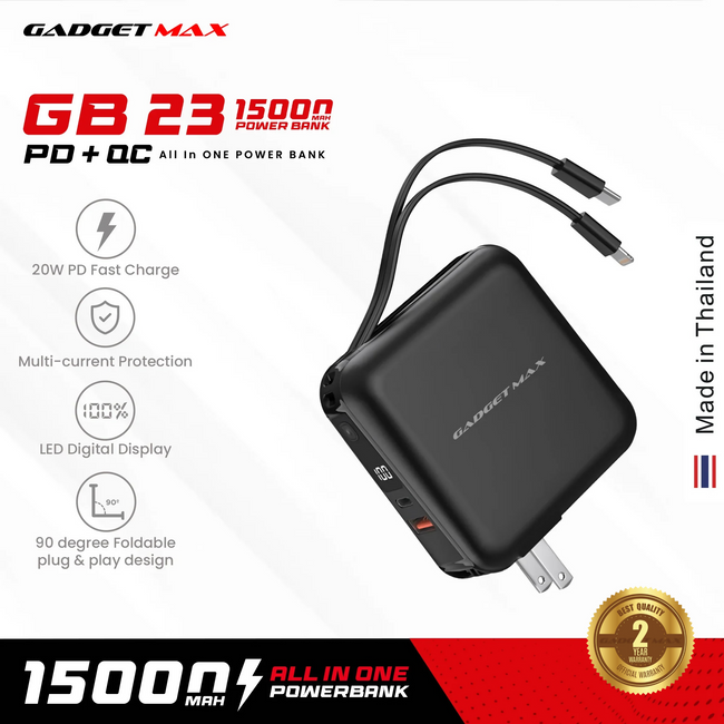 GADGET MAX GB23 AIO Pro Series 15000mAh All-in-One PD+QC Fast Charging Power Bank(PD 20W+QC 22.5W)