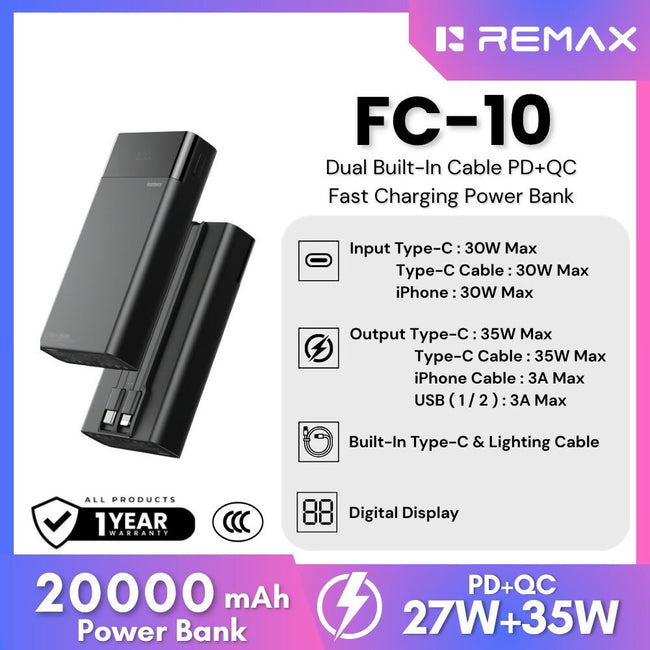 REMAX - FC-10 20000mAh Dual Built-In Cable PD+QC Fast Charging Power Bank