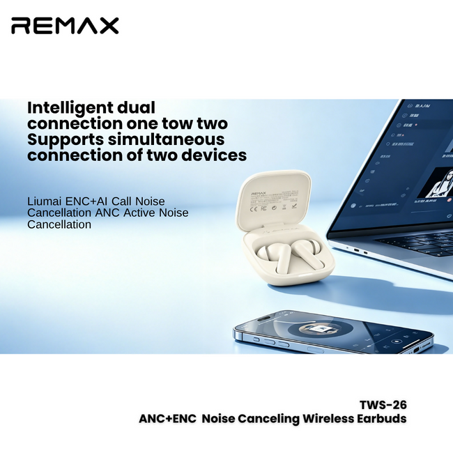 REMAX - TWS-26 ANC+ENC Noise Canceling True Wireless Stereo Music Talking Wireless Earbuds