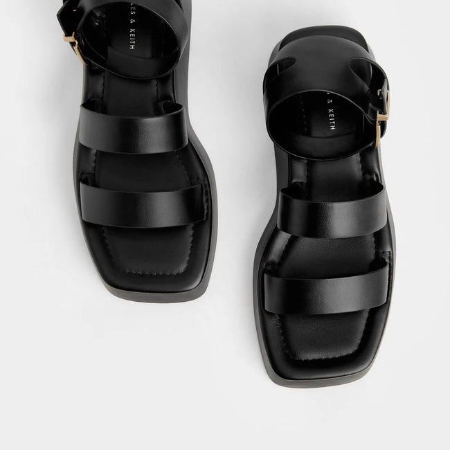 Square Toe Ankle-Strap Sandals Black