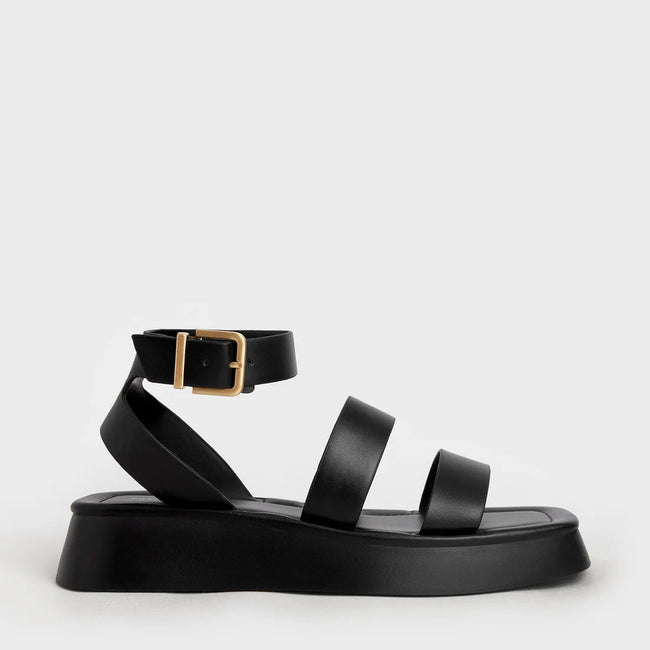 Square Toe Ankle-Strap Sandals Black