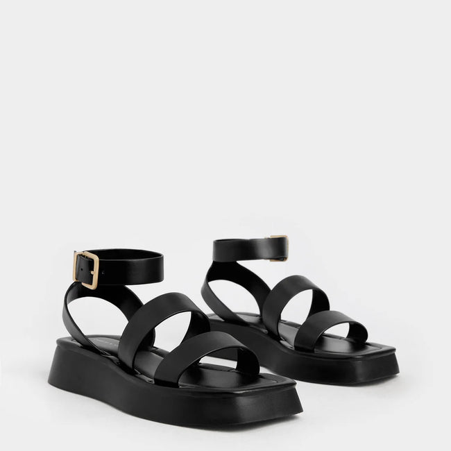 Square Toe Ankle-Strap Sandals Black