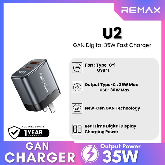 REMAX - U2 Digital PD+QC GAN Fast Charger ( 35W )