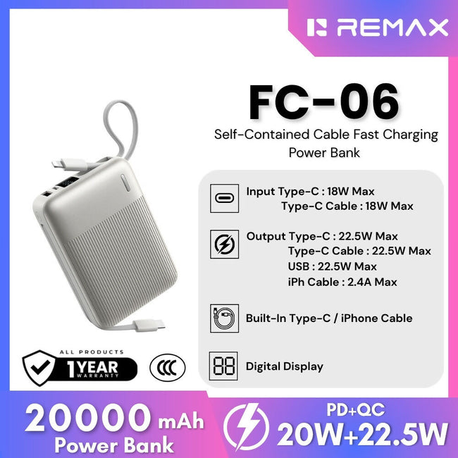 REMAX - FC-06 20000mAh 22.5W Self-Contained Cable Fast Charging Power Bank