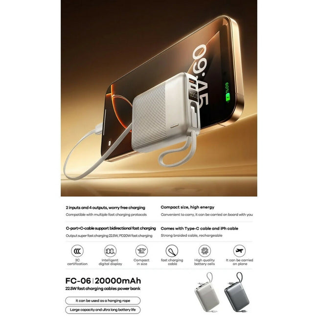 REMAX - FC-06 20000mAh 22.5W Self-Contained Cable Fast Charging Power Bank