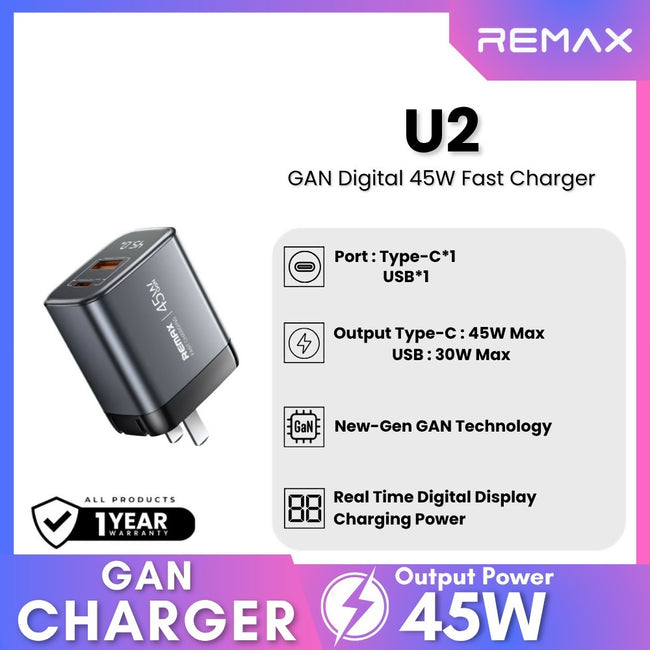 REMAX - U2 45W GAN Digital Fast Charger ( PD+QC )