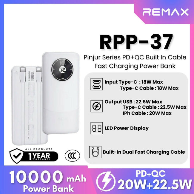 REMAX - RPP-37 10000mah Pinjur Series PD+QC Built In Cable Fast Charging Power Bank ( PD 20W + QC 22.5W )