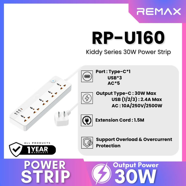 REMAX - RP-U160 Kiddy Series 5-Outlet Power Socket(30W 3A1C)