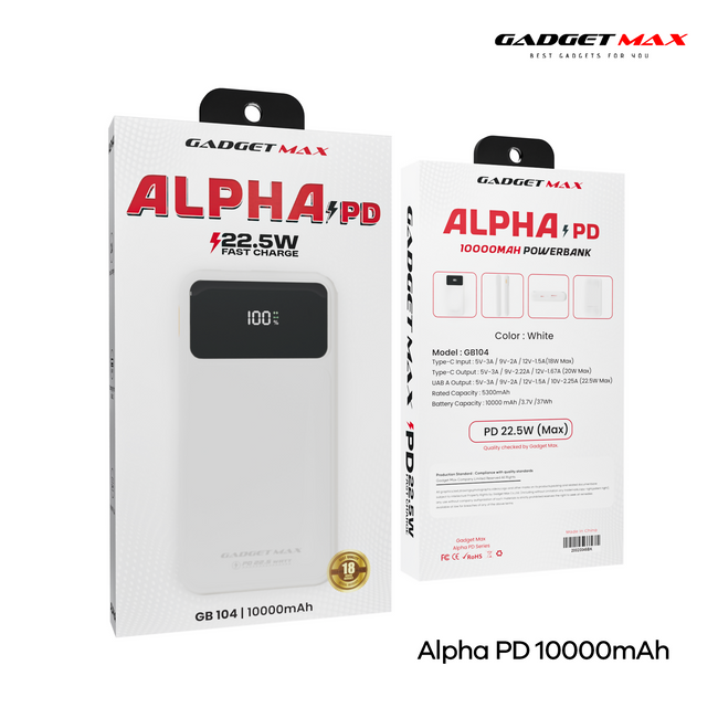 GADGET MAX - GB104 Alpha PD 10000mAh PD+QC Fast Charging Digital Power Bank ( 20W+22.5W )