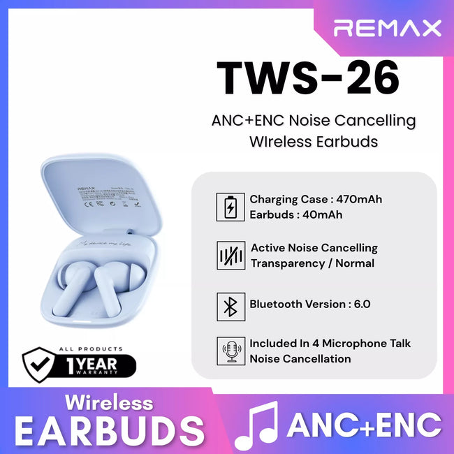 REMAX - TWS-26 ANC+ENC Noise Canceling True Wireless Stereo Music Talking Wireless Earbuds