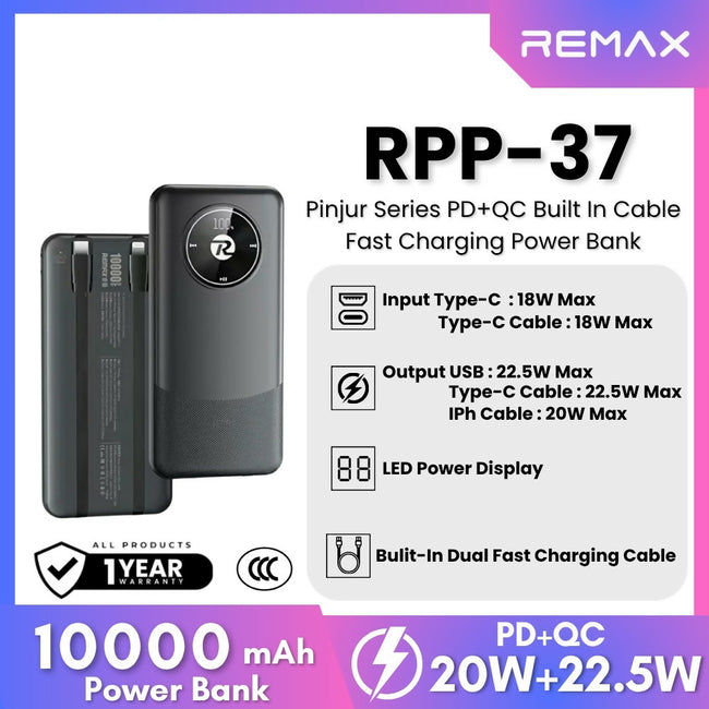 REMAX - RPP-37 10000mah Pinjur Series PD+QC Built In Cable Fast Charging Power Bank ( PD 20W + QC 22.5W )