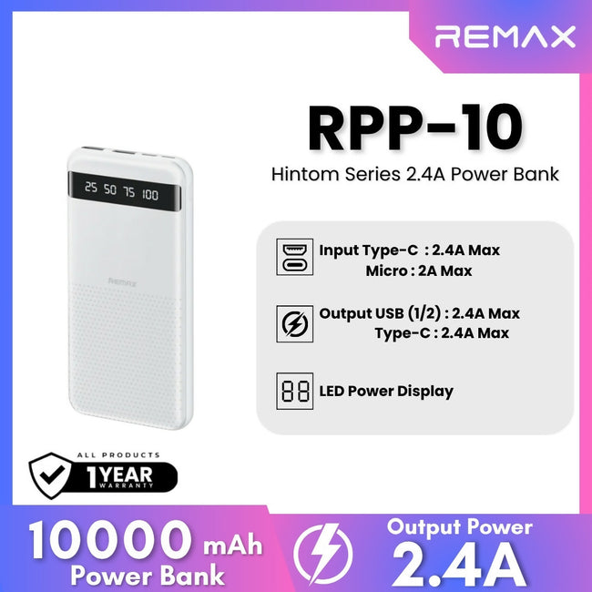 REMAX - RPP-10 Hintom Series 10000mAh Fast Charging Power Bank (2.4A)