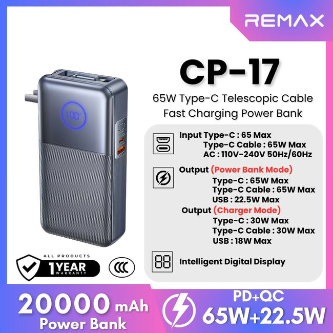 REMAX - CP-17 20000mAh Type-C Telescopic Wall Plug Fast Charging Cabled Power Bank ( PD65W )