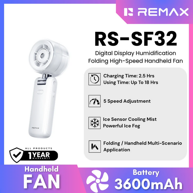 REMAX - RS-SF32 Digital Display Humidification Folding High-Speed Handheld fan