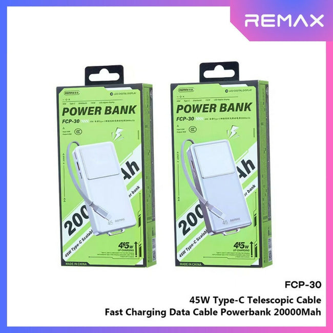 REMAX - FCP-30 20000mAh Type-C Scalable Cable Fast Charging Cabled Power Bank ( PD45W )