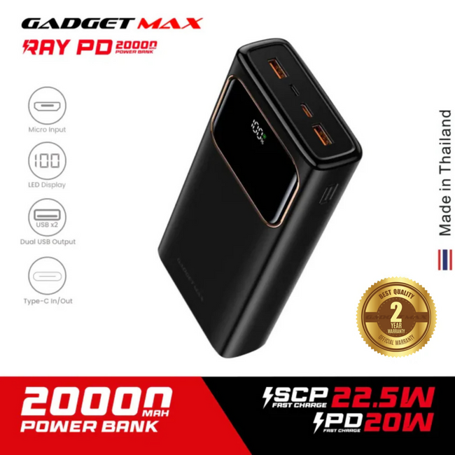 GADGET MAX RAY PD Series 20000mAh PD+QC Fast Charging Power Bank(PD 20W+QC 22.5W)