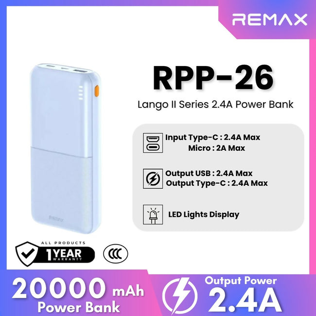 REMAX RPP-26 Lango 2 Series 20000mAh Fast Charging Power Bank(2.4A)