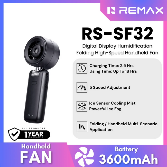 REMAX - RS-SF32 Digital Display Humidification Folding High-Speed Handheld fan