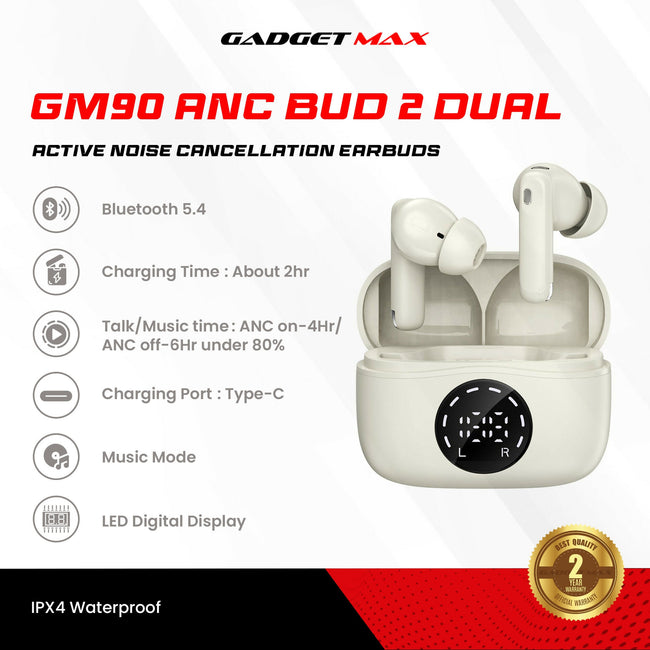 GADGET MAX - GM90 ANC BUD2 Dual ENC Active Noise Cancellation Bluetooth Wireless Earbuds
