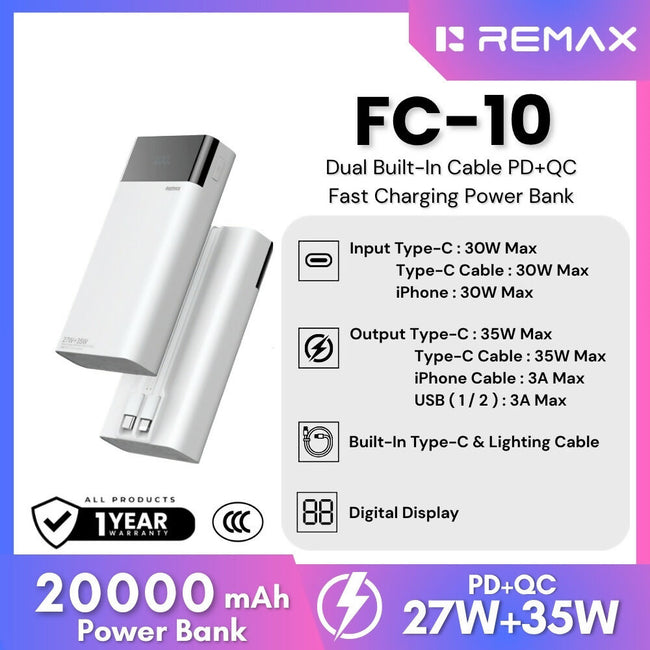 REMAX - FC-10 20000mAh Dual Built-In Cable PD+QC Fast Charging Power Bank