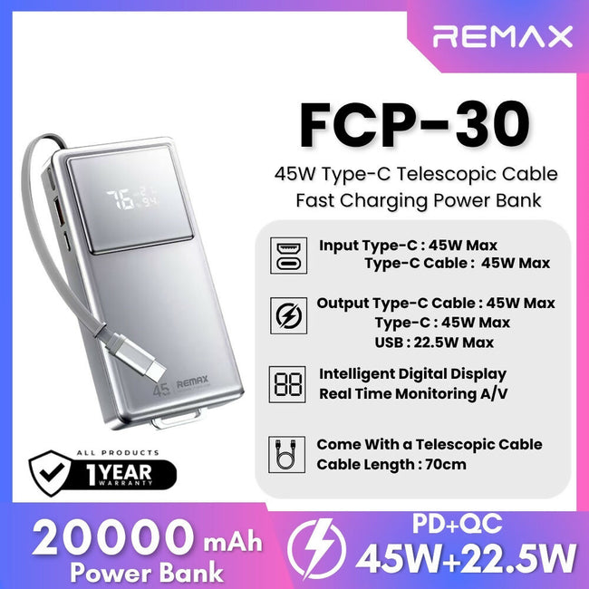 REMAX - FCP-30 20000mAh Type-C Scalable Cable Fast Charging Cabled Power Bank ( PD45W )