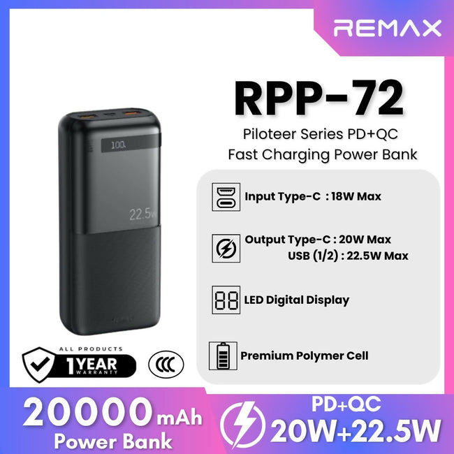 REMAX - RPP-72 Piloteer Series 20000mAh PD+QC Fast Charging Power Bank(PD 20W+QC 22.5W)
