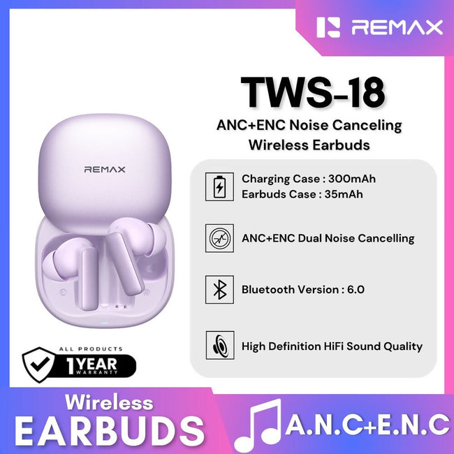 REMAX - TWS-18 ANC+ENC Noise Canceling Bluetooth Wireless Earbuds