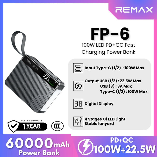 REMAX - FP-6 60000mAh LED PD+QC Fast Charging Power Bank ( 100W+22.5W )