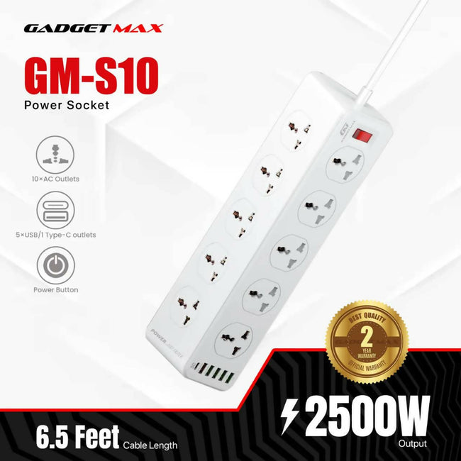 GADGET MAX - GM-S10 10AC Power Extension Socket (TYPE C 1PORT / 5USB / 10AC OUTLETS / 2METER / 2500W)