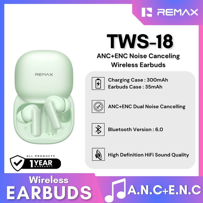 REMAX - TWS-18 ANC+ENC Noise Canceling Bluetooth Wireless Earbuds
