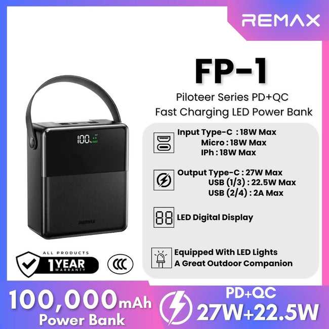 REMAX - FP-1 Piloteer Series 100000mAh PD+QC Fast Charging LED Power Bank ( PD 27W + QC 22.5W )