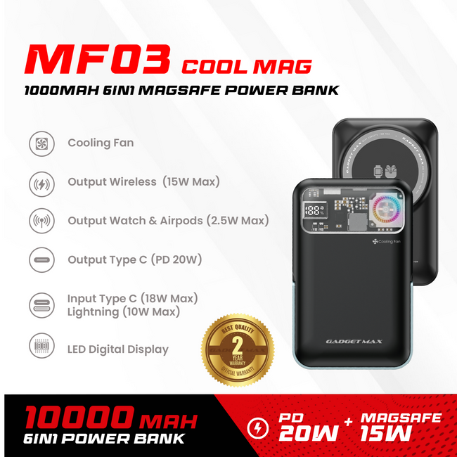 GADGET MAX - MF03 Cool Mag 10000mAh 6 In 1 Magnetic Fast Charging Power Bank ( Magsafe15W / PD 20W )