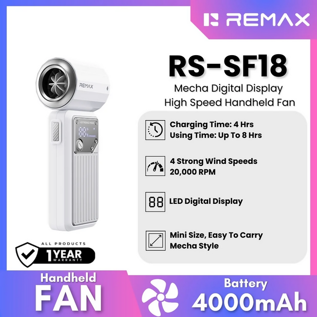 REMAX - RS-SF18 Mecha Digital Display High Speed Handheld Fan ( 4000mAh )